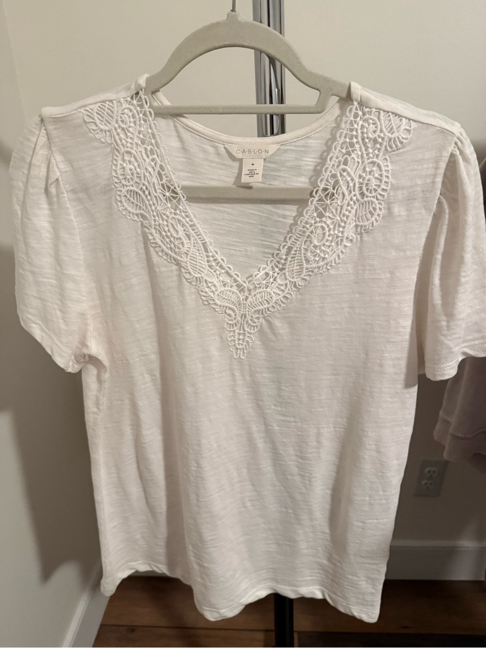 Caslon White Short-Sleeve V-Neck Tee with Crochet Trim